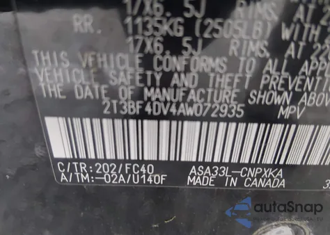 2010 Toyota Rav4 из США, поврежденный, VIN 2T3BF4DV4AW072935